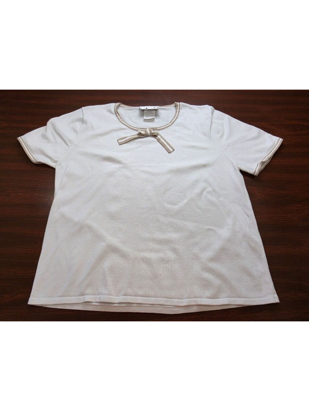 N Touch Women Ivory Brown Bow Accent Short Sleeve Knit Top Large Soft Minimalist